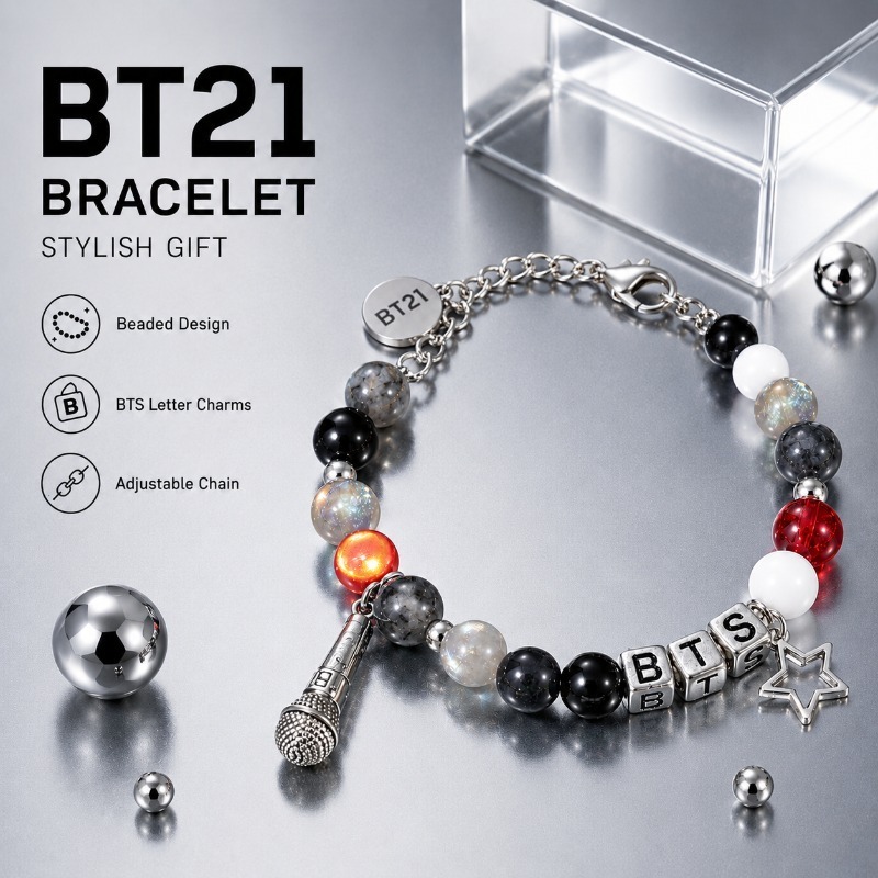Jewelry Making Parts - BT21 Siyah Kırmızı Boncuklu Bileklik, Kpop